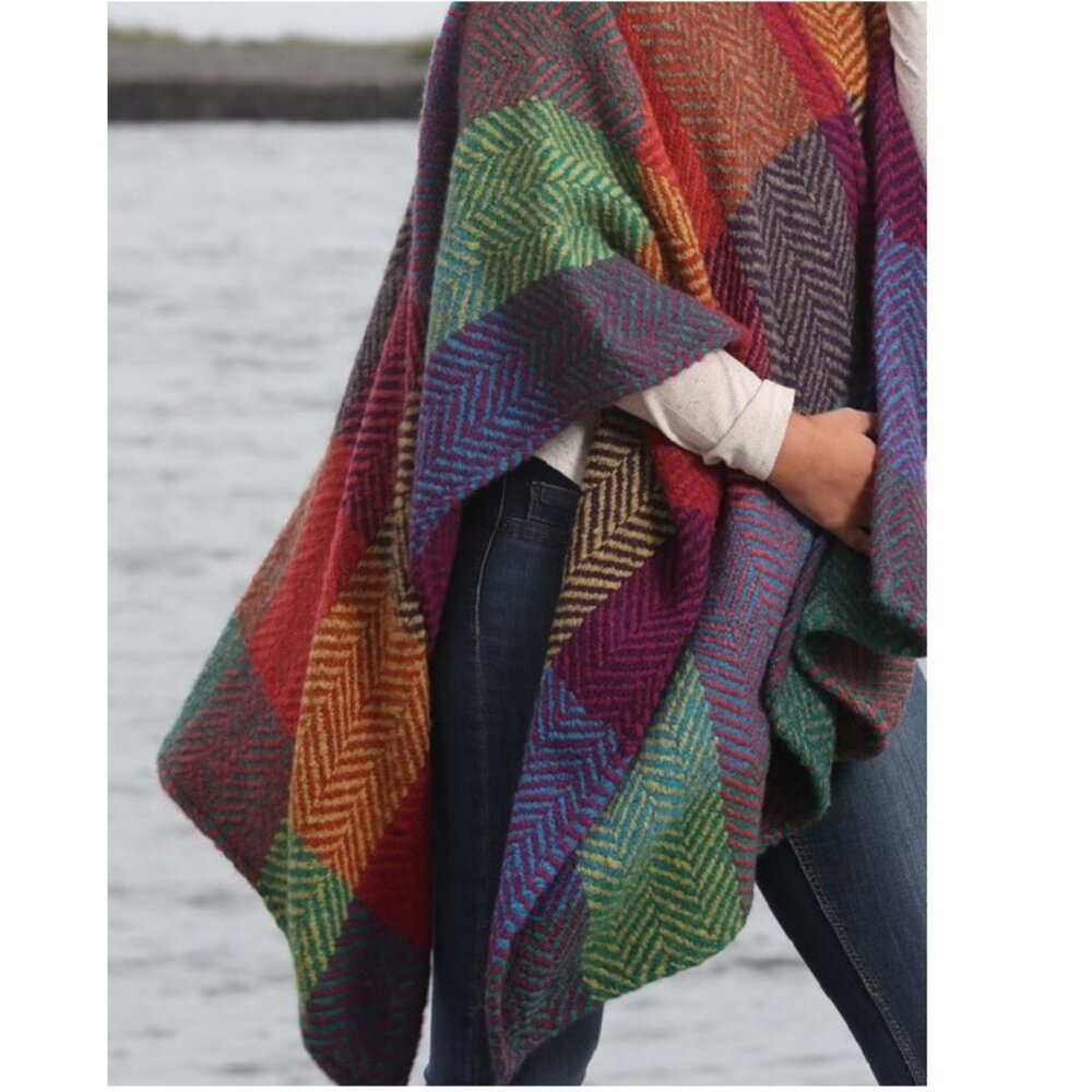 Wool Handwoven Colorful Cape Sweater Poncho Cloak John Branigan Boho Herringbone - Picture 4 of 11